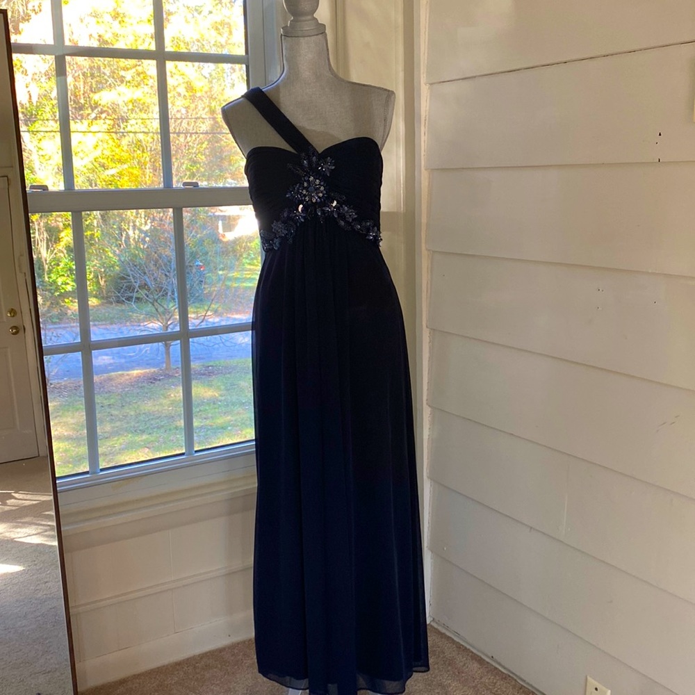 One Strap Navy Formal Floor-length dress with embellishment